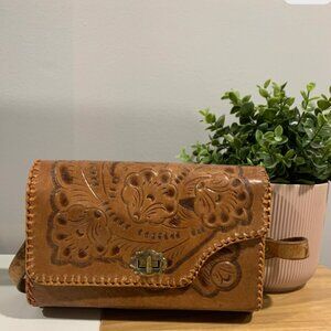 70s Rare Vintage Leather Tooled Purse with Pony Hair lining